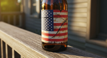 Beer bottle with American flag design on wooden deck outdoors  