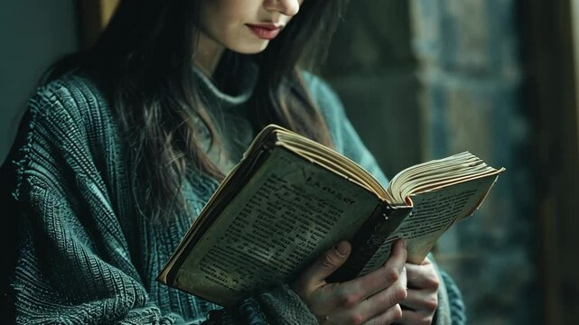 person focused holding book at arm&rsquo;s length