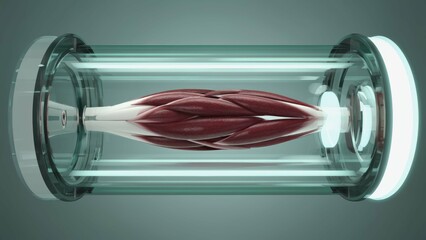 A close-up view of a futuristic synthetic muscle growth chamber. This image captures the intricate design and motion mechanisms of muscle development in a scientific context.