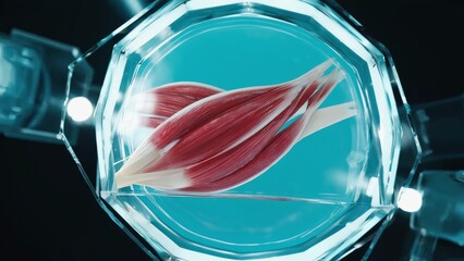 Close-up view of synthetic muscle fibers in a chamber, showcasing experimental growth. Perfect for biology and research themes in medical and scientific contexts.