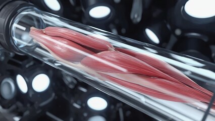 Explore a detailed close-up of synthetic muscle tissue within a laboratory chamber, showcasing innovative research in biological technology and muscle growth.