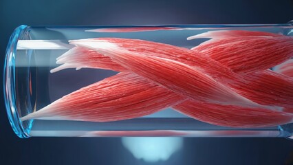 A close-up view of synthetic muscle fibers growing in a chamber, showcasing bioengineering advancements. This image highlights the intricate details and colors of muscle structures, ideal for science.