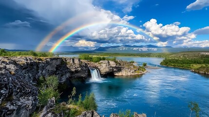Waterfall Scenery with a Rainbow in Iceland
