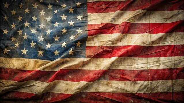 Vintage American flag with worn and crinkled fabric, showing signs of aging and wear , usa, aged,  usa, aged, freedom, vintage