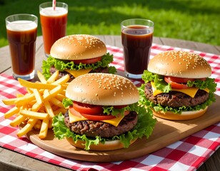 Burgers, fries, and drinks on a picnic table