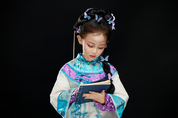 Chinese girl wearing Chinese Ming Dynasty Hanfu on black background