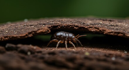 Fototapeta premium Macro Photography of a Dark Brown Insect Emerging from Underneath a Piece of Wood in a Forest