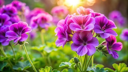 Fototapeta premium Vibrant purple geranium flowers blooming in a warm sunlight, with delicate petals and vibrant green foliage, flowering plants, botanical garden