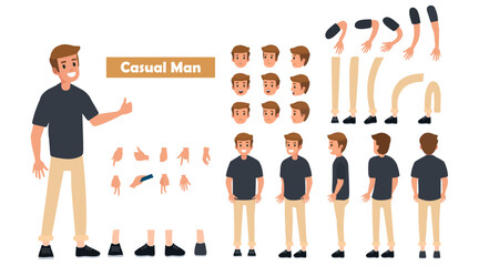 Cartoon 2d man character constructor sets for full body and head rigging design vector causal man