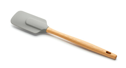 A versatile silicone spatula with a natural wooden grip and rounded blade, ideal for cooking, mixing, or scraping.