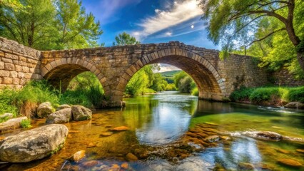 Fototapeta premium Ancient stone bridge spans the tranquil Mura River in Medjimurje Valley, rural area, water flow