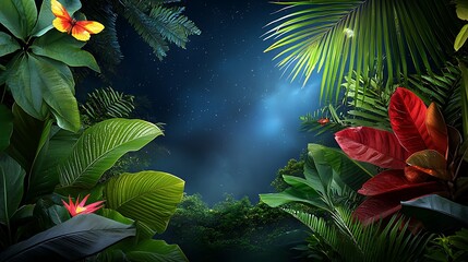 Lush Tropical Jungle at Night with Exotic Flora and Fauna