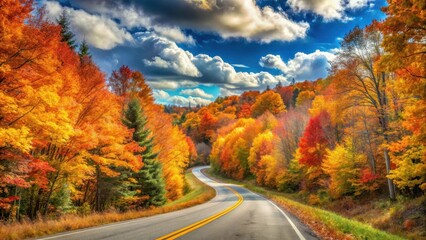A winding road surrounded by vibrant autumn leaves of orange, red and yellow, stretching into the distance against a clear blue sky with fluffy white clouds, nature scenery, countryside