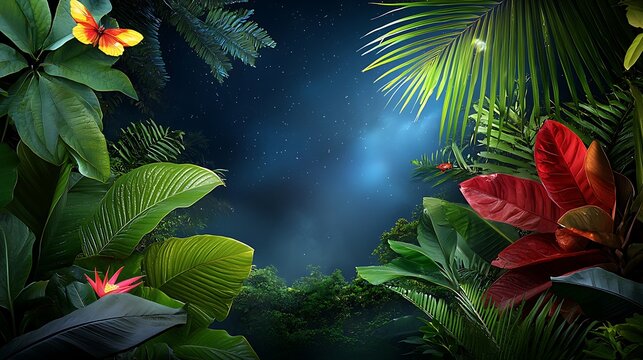Lush Tropical Jungle at Night with Exotic Flora and Fauna