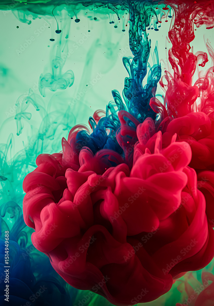 Poster vibrant red and blue ink clouds billowing and mixing in clear water, creating a dynamic and abstract