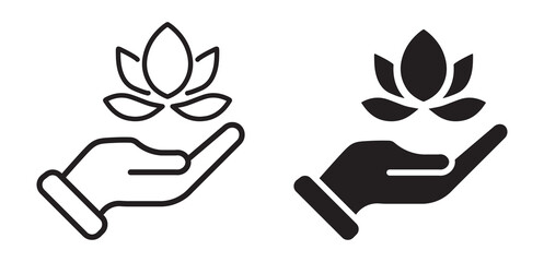 Yoga and SPA Symbol. Medical Beauty Clinic Sign. Lotus and Human Hand Line and Silhouette Icon Set. Meditation Pictogram. Hand Holding Flower.  Vector Illustration 
