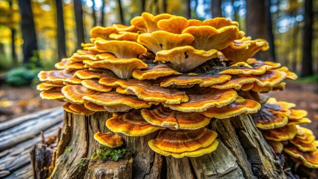 Dried Sulphur-yellow polypore fungus growing on a decaying tree stump with earthy tones and texture , outdoors, decayed wood