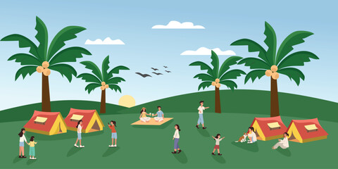 Camping on the sunny day. People camping. Camp site. Family vacation. Summer vacation. Camping on the hill. Weekend recreation. Palm tree.