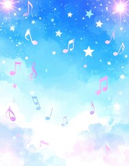 A whimsical sky with music notes, stars, and clouds in pastel colors, creating a dreamy and artistic atmosphere.