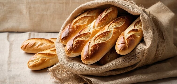 Freshly baked baguettes spilling from a rustic burlap sack on neutral fabric surface