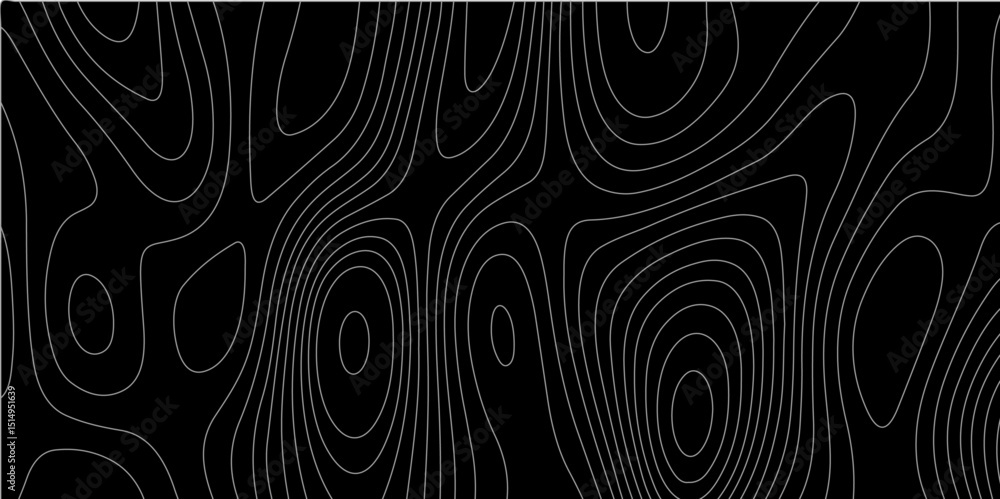 Poster abstract white on black background with topographic line map pattern. abstract wavy and curved lines