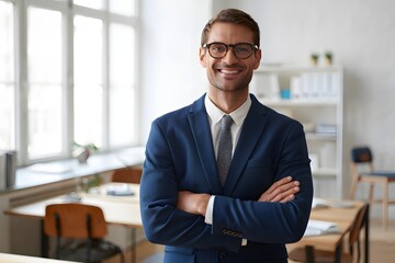 Fototapeta premium A confident professional, radiates warmth and approachability, he stands tall in a modern office, exuding both style and professionalism, reflecting the essence of success.