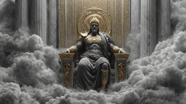 Majestic God Seated on Throne Amidst Clouds, Epic Fantasy Scene Depicting Power and Divinity
