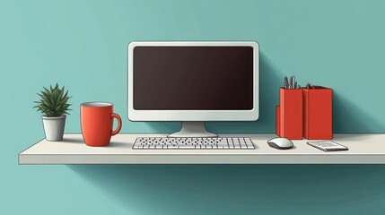 Modern minimalist workspace with computer, keyboard, mouse, plant, mug, and folders on a white shelf against a teal wall.