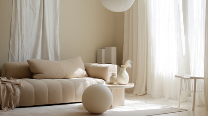 Minimalist living room with beige sofa and abstract art, bathed in soft natural light, embodying contemporary elegance and tranquility.