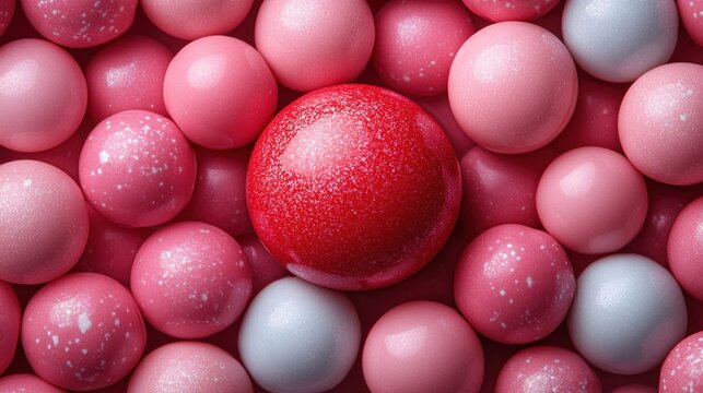 Close-up of a single red candy sphere surrounded by pink and white candy spheres.