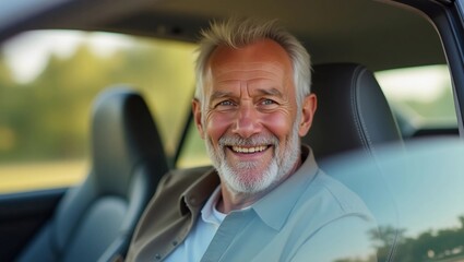 Naklejka premium Happy mature man driving car
