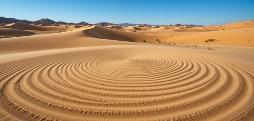 Naklejka premium Scenic desert landscape with unique circular sand formations and distant mountains
