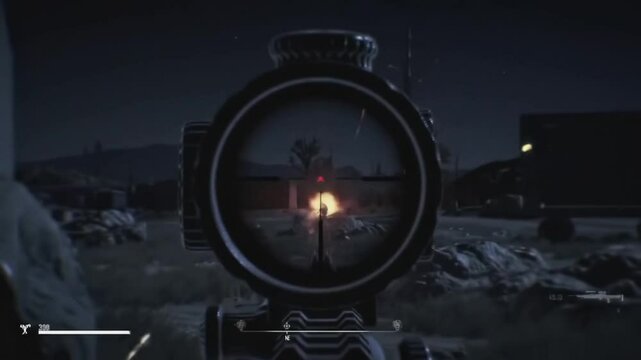 First-person animation through sniper scope at night, locking on enemy target using infrared vision, followed by recoil and muzzle flash. - Powered by Adobe