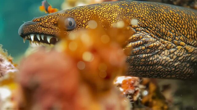 Close up of a large moray eel with its mouth open, showcasing sharp teeth. Underwater marine animal in a vibrant reef setting, deep ocean life footage.