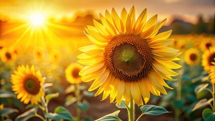 Fototapeta premium Macro sunflower with golden ratio in nature, featuring tall stems and leaves against a warm sunlight filter background , plant life, macro photography