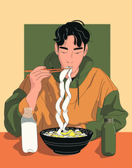 Noodle Enjoyment: A serene individual savors a delicious noodle dish using chopsticks in a stylized illustration, embodying a sense of tranquility and culinary pleasure.