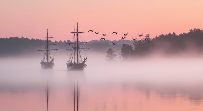 Majestic sailing ships glide through serene fog at dawn, surrounded by tranquil waters and flying birds