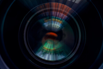 Macro camera lens technology background concept,Close-up camera lens,Photo Camera or Video lens close-up on black background, objective, concept of photographer camera man job, 