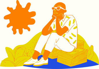 Financial Contemplation: A man is sitting on a pile of money with sunglasses on, daydreaming about his future.