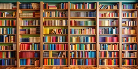 Bookcase filled with books of various colors and shapes in a cozy home library, bibliophile decor, colorful bookshelves