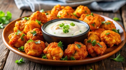 Cauliflower Buffalo Bites with Creamy Dip,, crispy, spicy food,  crispy, spicy food, spicy, restaurant, delicious