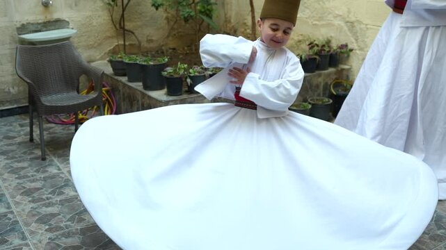 the whirling dervishes in Syria. Wearing the traditional attire of the Mevlevi order, a famous Islamic Sufi spiritual practice. 