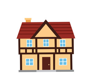 Flat vector of a spacious half-timbered home with red gable roof, two chimneys, and blue windows, evoking medieval European design