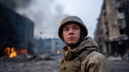 Fototapeta premium Soldier stands in wartorn city, surrounded by destruction and smoke rising from ruins. atmosphere is tense and somber, reflecting harsh realities of conflict