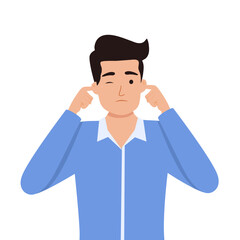 Man covering his ears with fingers, eyes closed. Guy closing or plugging for loud noise