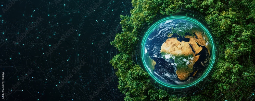 Poster a digital illustration of earth surrounded by lush green forest, blending technology and nature with