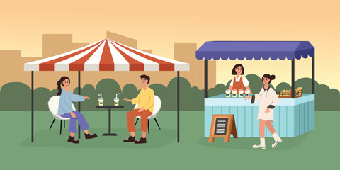 Cafe outdoor illustration. Coffee stall. Cafe stand. Street food. Caffe landscape. Food festive. People buy drink. 