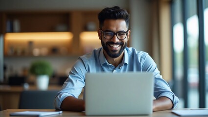 Smiling indian businessman working on laptop in modern office lobby space. Young indian student using computer remote studying, watching online webinar, zoom virtual training on video call meeting.