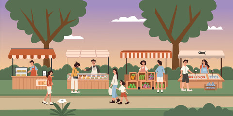 A bustling farmers market scene with stalls and shoppers. Evening market. People on the street food event. Food festival.