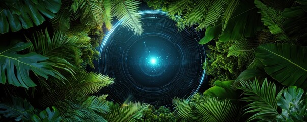 A glowing, futuristic portal surrounded by lush green jungle leaves and vibrant tropical plants.